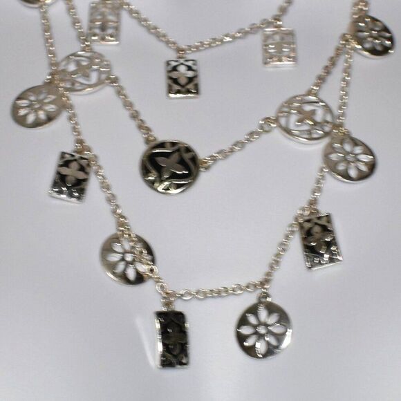 Womens Silver Charm Pendant Multi Chain Necklace Flower Charms - Picture 4 of 6